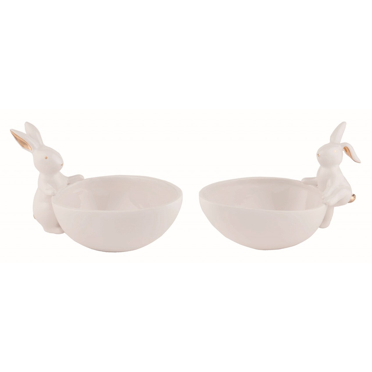 Transpac Dolomite Ceramic White Gold Accent Easter Bunny Egg Bowls Set of 2, Decorative Objects, Indoor Use, Hand Wash, White
